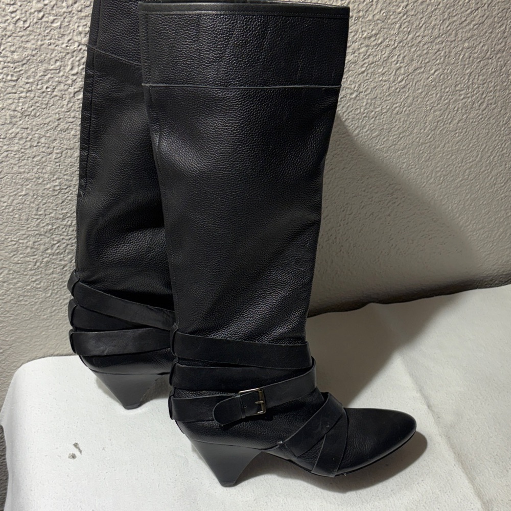 Cynthia Rowley Women's Black Mid-Calf Leather Boots with Strappy Buckle